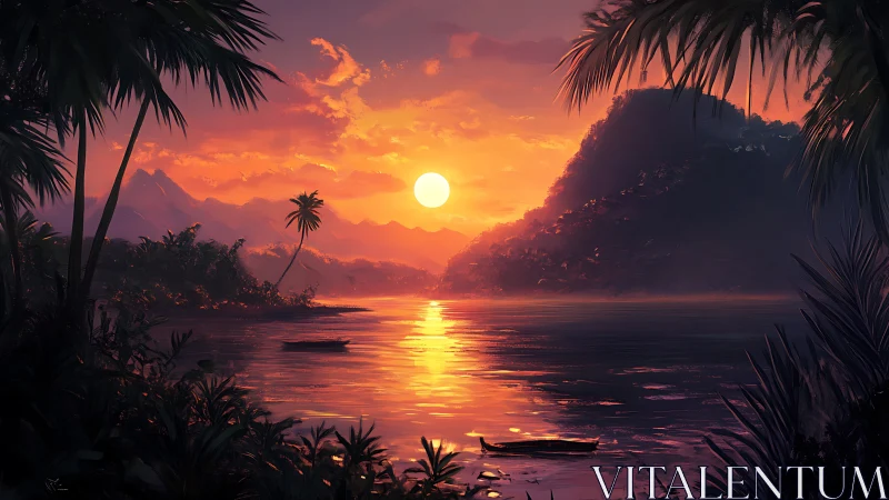 Tropical bay sunset over calm water and silhouetted palms.