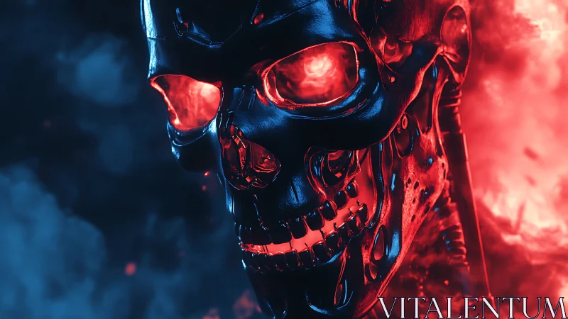 Neon inferno cyborg skull blazing through electric dusk.