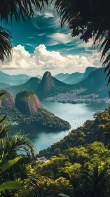 Tropical bay landscape shows steep granite peaks and dense forest