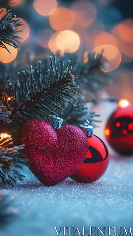 Heart-shaped ornament glowing in soft winter holiday lights.