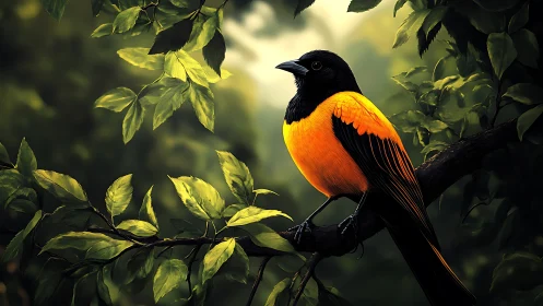 Vibrant orange and black bird on leafy branch, digital art style.