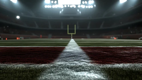 Photorealistic stadium end zone with low-angle field perspective.