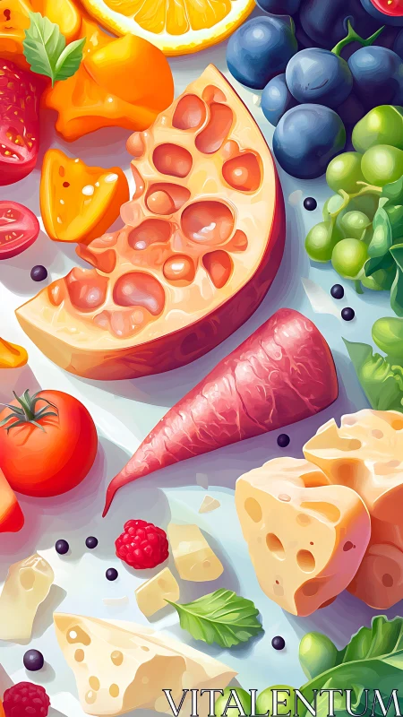 Vibrant charcuterie ingredients rendered in glossy digital painting