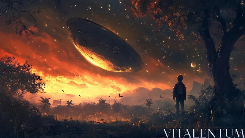 Twilight sky welcomes a child watching a vast alien arrival