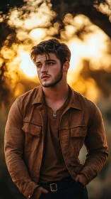 Young man in brown jacket at golden hour outdoors.