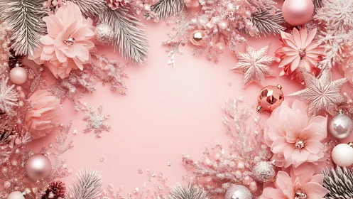 Blush holiday floral border with frosted ornaments on pink.