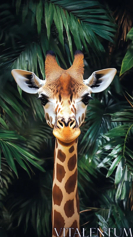 Giraffe portrait centered in dense tropical foliage frame.