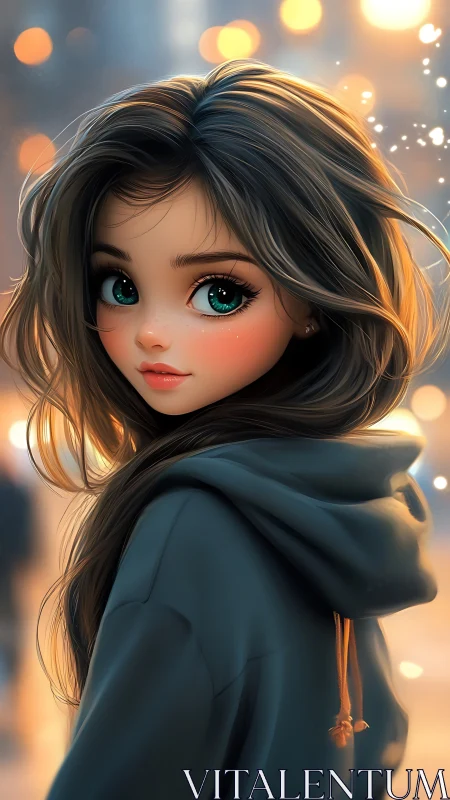 Hooded street portrait with volumetric bokeh and teal eyes.