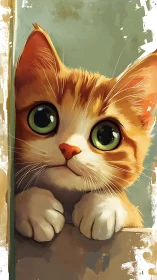 Orange Tabby Cat with Green Eyes Peeking Around Corner
