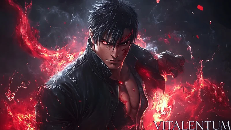 Male anime fighter with red energy aura in dark setting.