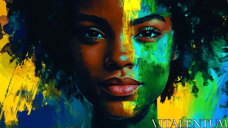 Bold digital portrait with vibrant abstract color strokes.