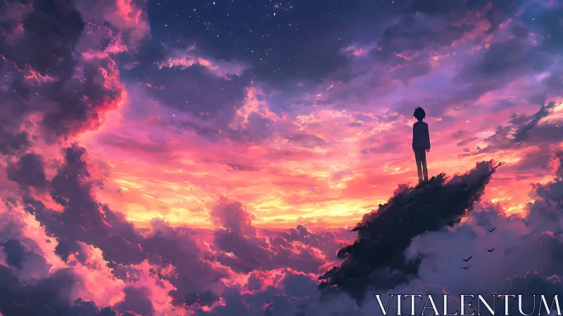 Silhouetted dreamer atop cloud peak under blazing sunset sky.