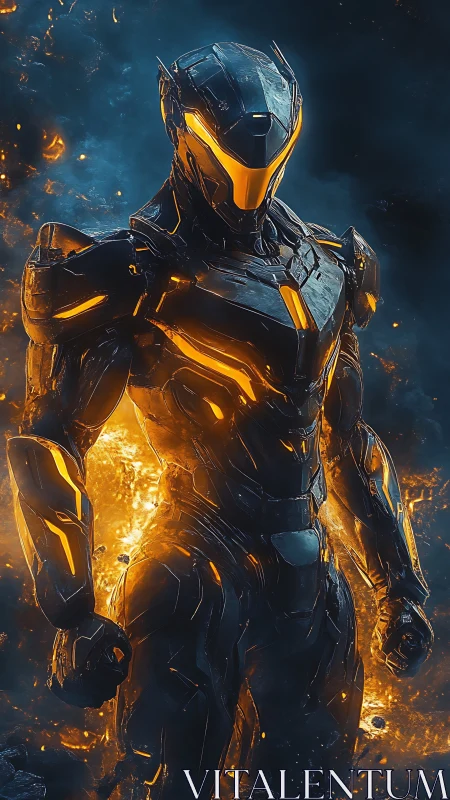 Molten-core cyber guardian strides from the storm of embers