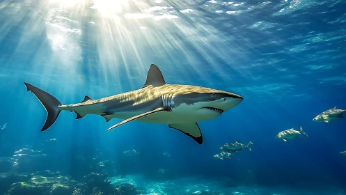 Shark group swimming in clear blue ocean waters underwater.