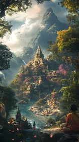 Fantasy mountain temple city beside reflective river valley.