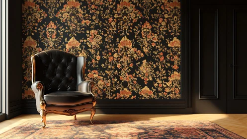 Baroque leather armchair against high-contrast floral damask wall
