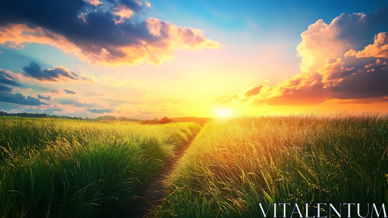 Sunset over rural grass path with dense field horizon line.