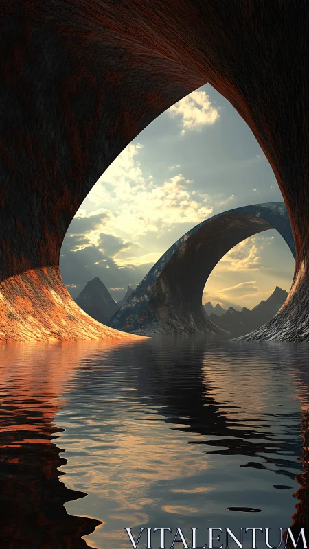 Curved rock arches frame reflective water and distant peaks