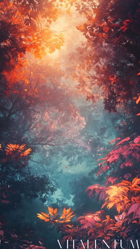 Canopy light passage: autumn foliage with chiaroscuro illumination through deciduous layers