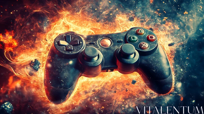 Gaming controller in stylized fire and energy environment