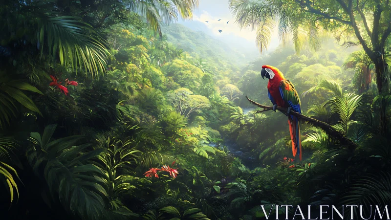 Macaw rests on branch above dense, sunlit rainforest valley
