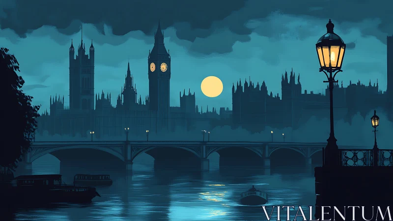 Moonlit city bridge glows softly against a misty riverside