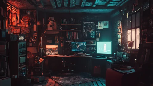Neon-lit hacker workspace in cluttered urban loft interior.