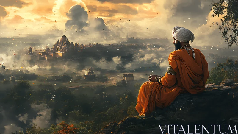 Golden dawn watches a serene sage overlooking a misty kingdom