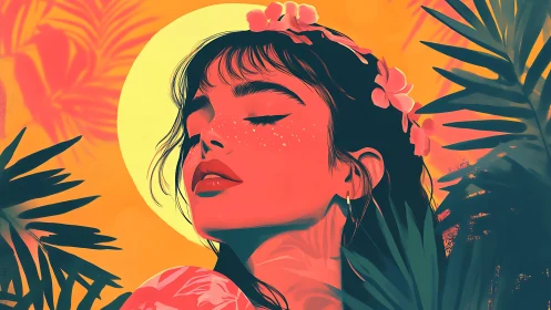 Tropical digital portrait with sunlit halo and foliage bloom.