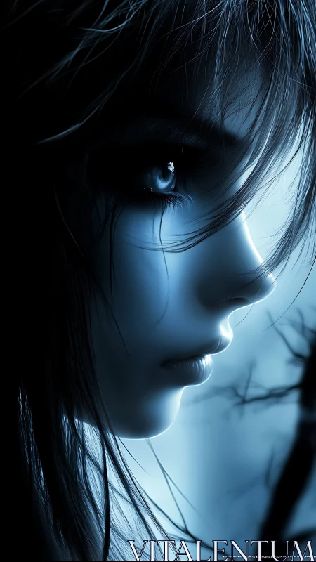 Moonlit profile of a blue-lit dreamer on the edge of silence.