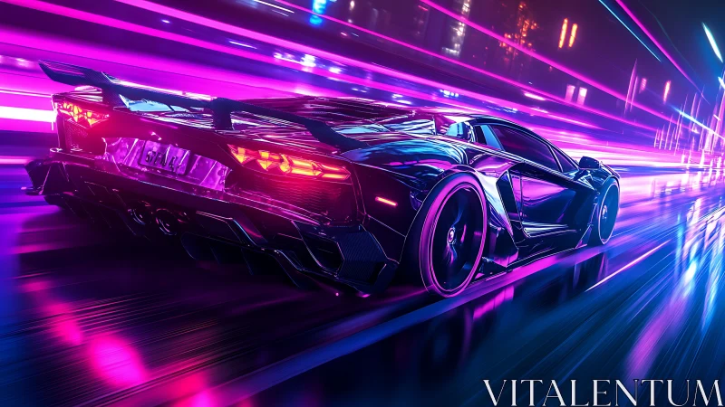 Neon supercar slices cyberpunk highway in electric motion.