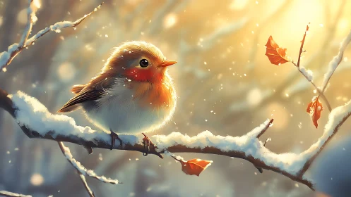 Winter Robin Perched on Frosted Branch with Autumn Leaves