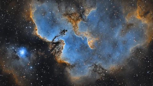 Ionized hydrogen nebula with dust filaments and starfield boundary.