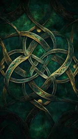 Interlaced metallic knotwork on textured green background.