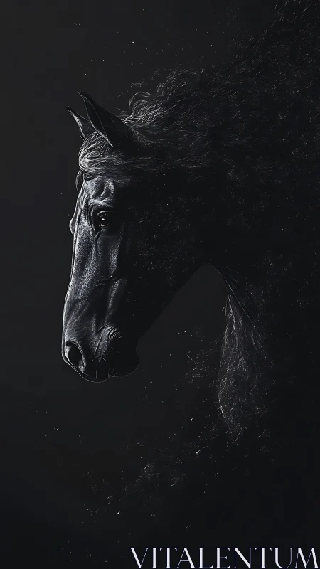 Midnight horse portrait wrapped in soft swirling shadows.