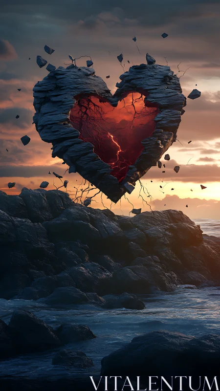 Levitating Heart-Shaped Rock Formation with Luminous Core