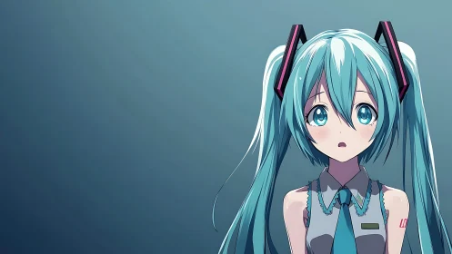 Blue haired anime girl with twin tails on teal background.