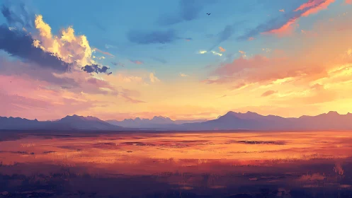 Sunlit desert plain beneath vivid pastel sunset sky.