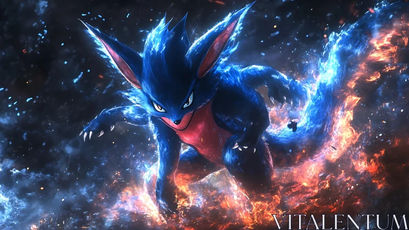 Elemental fox warrior channels blue flame power storm.