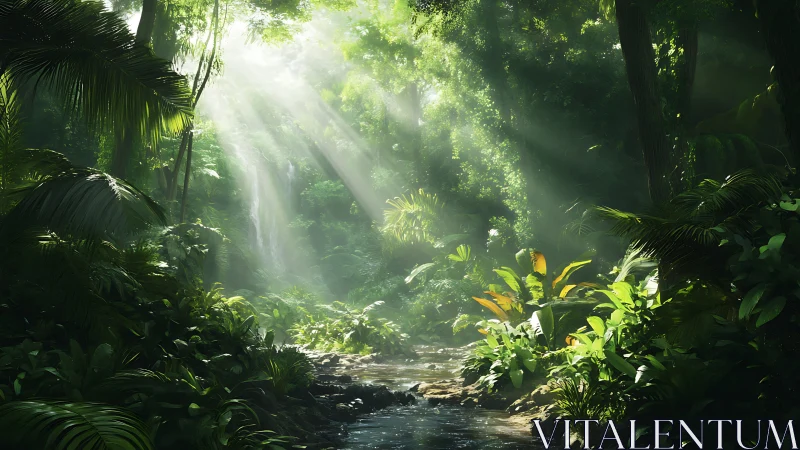 Enchanted forest stream bathed in ethereal light rays.