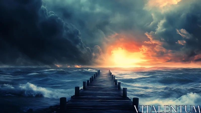 Storm-laden ocean pier converging into radiant horizon glow.