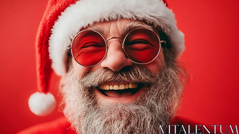 Laughing Santa in red glasses radiates festive holiday joy.