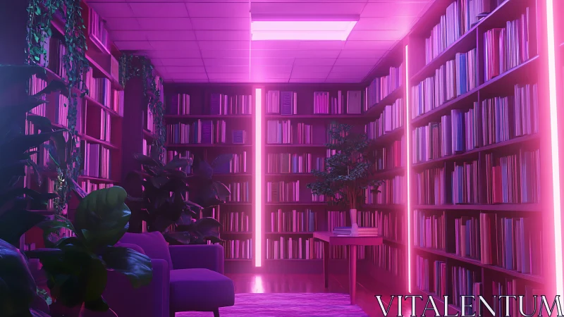 Neon drenched library lounge with lush indoor greenery.