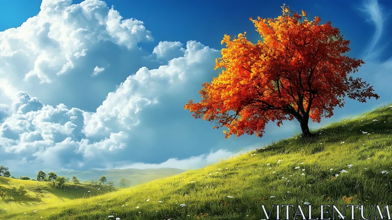 Lone orange tree on bright green hillside under clouds.