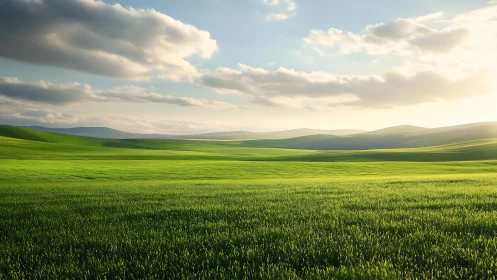 Green rolling hills under soft clouds at sunset light.