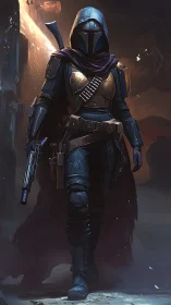 Armored bounty hunter strides through smoky sci fi alley