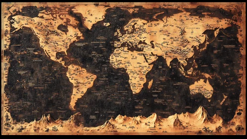Antique-style world map showcases sepia continents and peaks.