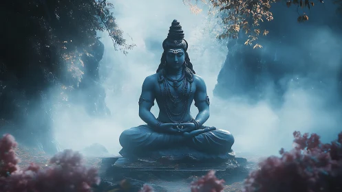 Digital painting of serene blue deity in misted forest shrine.