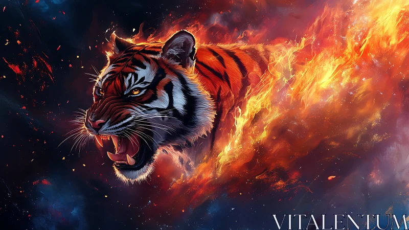 Roaring tiger bursts from swirling flames in dark space.