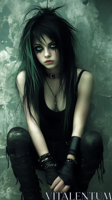 High-contrast goth portrait with teal-tinged hair and distressed wall
